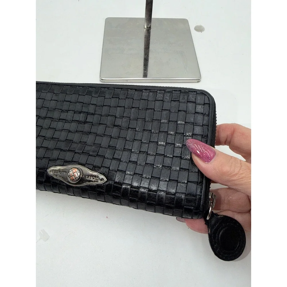 Elliott Lucca Black Woven Leather Zip Around Wallet with Exterior Pocket